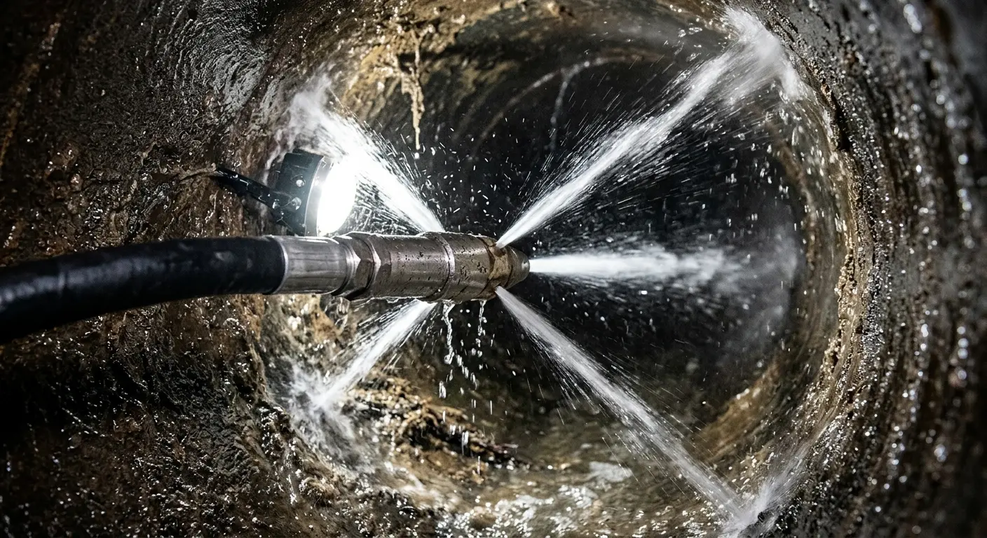 High-pressure hydro jetting nozzle cleaning sewer pipe for Emergency Drain Service in Hattiesburg