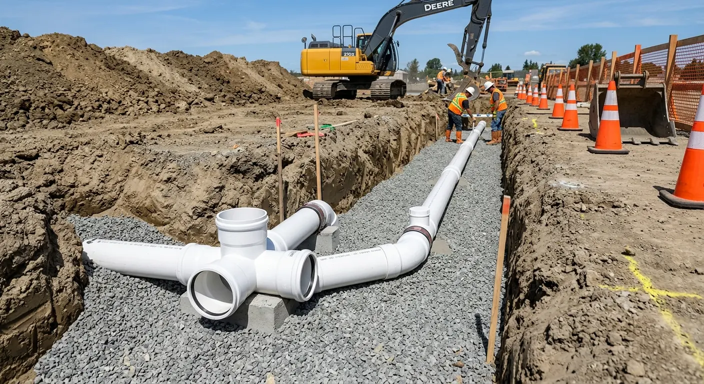 New PVC sewer pipe installation in open trench for Sewer Backup in Hattiesburg
