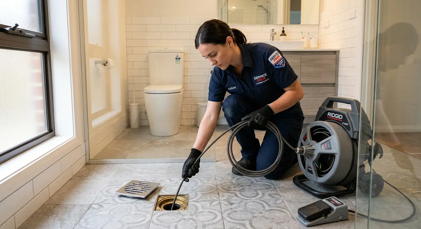 Technician clearing a bathroom floor drain for Sewer Line Replacement in Hattiesburg